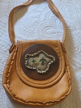 Leather Crossbody Bag in Camel with Native Embossed Accent
